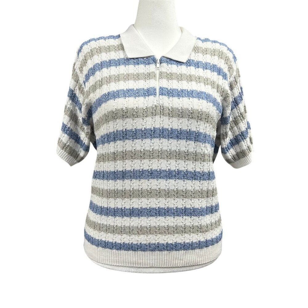 Vintage Alfred Dunner Knit Quarter Zip Polo Size 2X Striped See Through